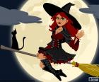 Ведьма с котом летать на ее метле encantada на ночь полной Луны